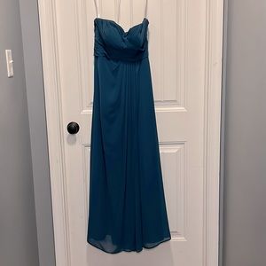 Strapless dark teal Azazie bridesmaids dress